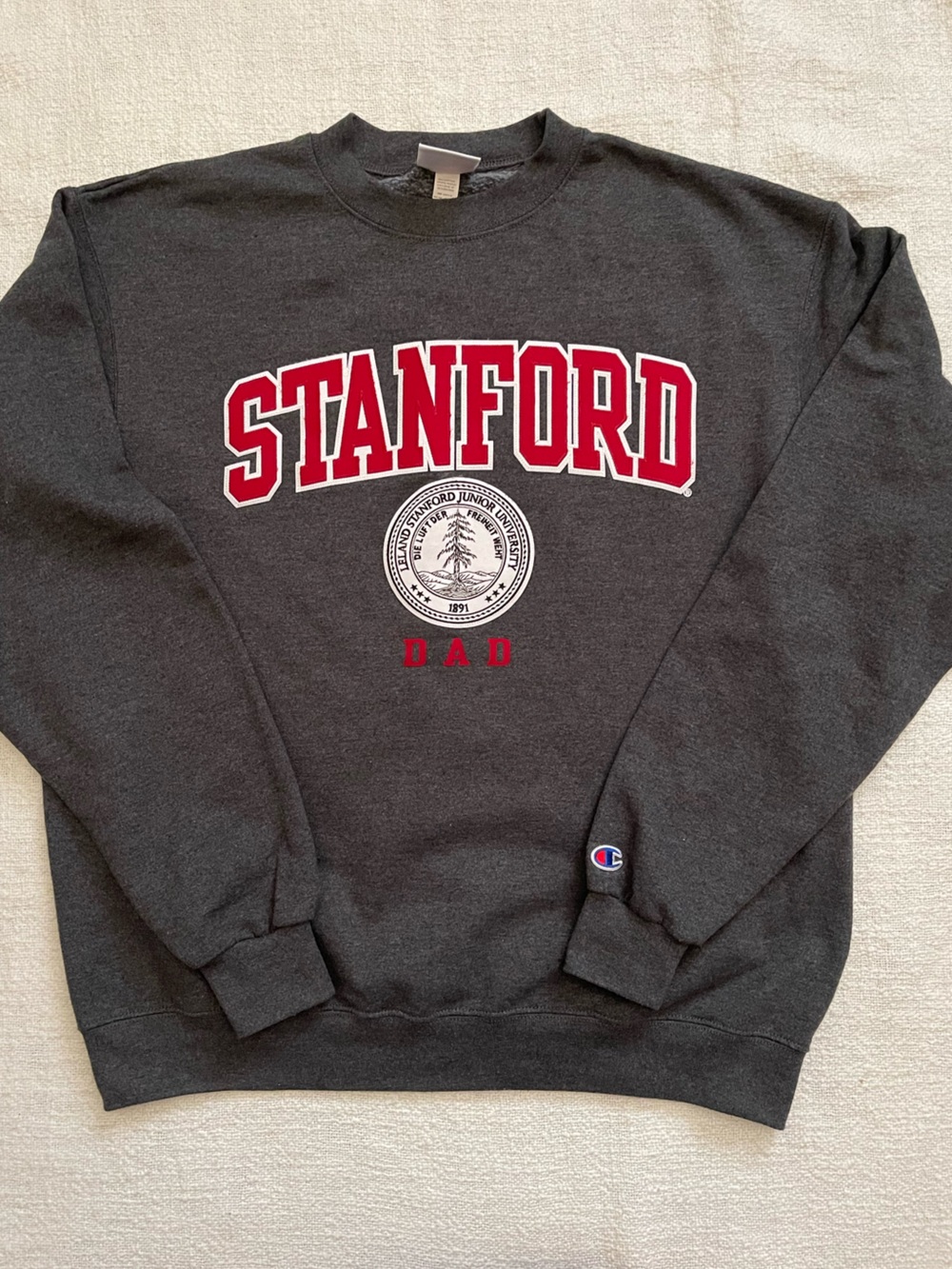 Champion Dark Gray Stanford Crewneck with Red and White Logo